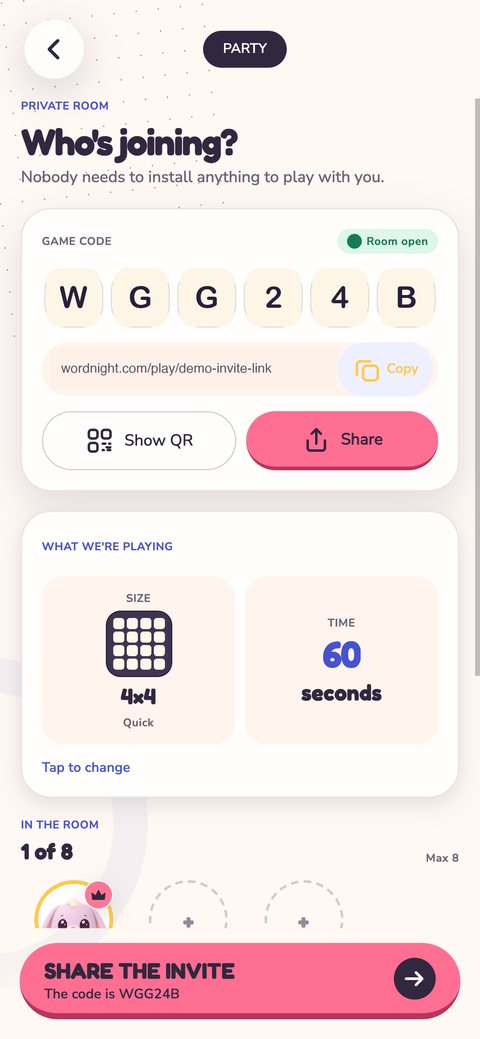 A phone screen headed “Private room — Who's joining?”, with the line “Nobody needs to install anything to play with you.” A card below shows a six-character game code in separate tiles, a green “Room open” badge, an invite link with a Copy button, and buttons for “Show QR” and “Share”. A second card, “What we're playing”, shows a 4×4 grid and 60 seconds, with a “Tap to change” link. At the bottom, “In the room” reads “1 of 8” with one player avatar and two empty slots.